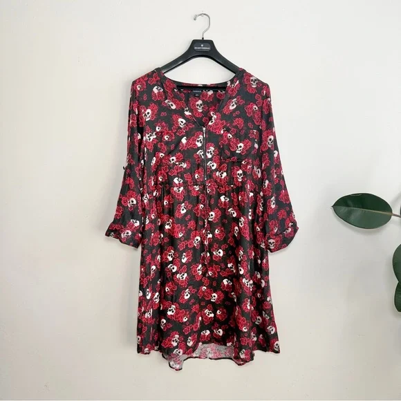 Torrid Skulls And Roses Waist Tie Roll Tab Sleeve Midi Dress Size 1X - Picture 4 of 14